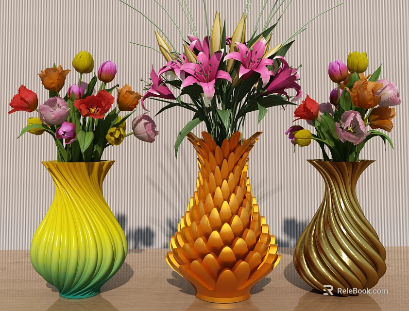 Colorful Mixed Flowers in Decorative Vases with Unique Textured Designs 3d model 