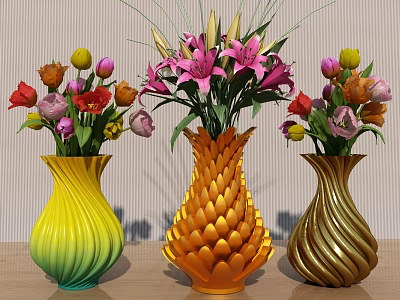 Colorful Mixed Flowers in Decorative Vases with Unique Textured Designs 3d model