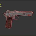 Silver Pistol With Red Textured Grip And Metallic Body Design Details