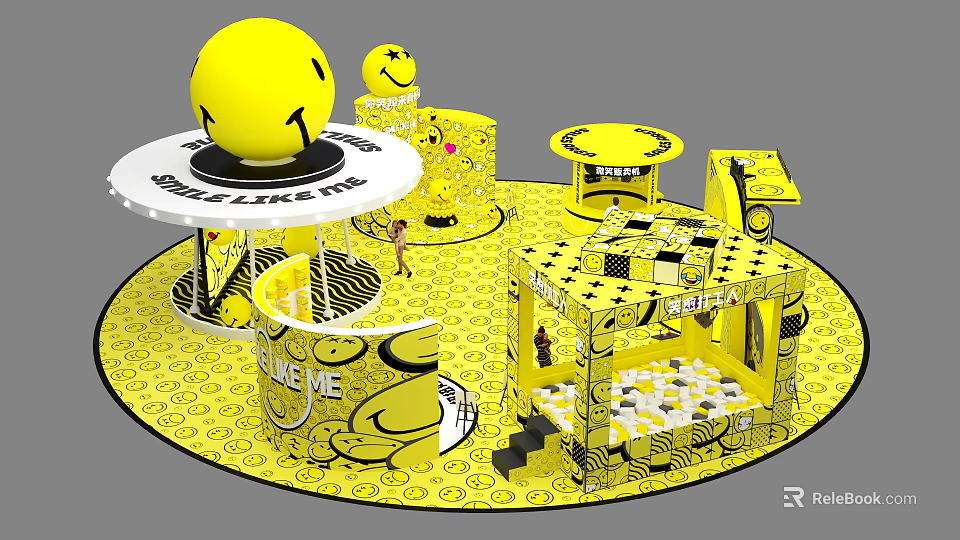 Interactive Yellow Smiley Face Themed Space With Circular Booths Installations And Patterns 3d model