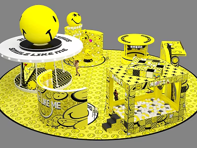 Interactive Yellow Smiley Face Themed Space With Circular Booths Installations And Patterns 3d model