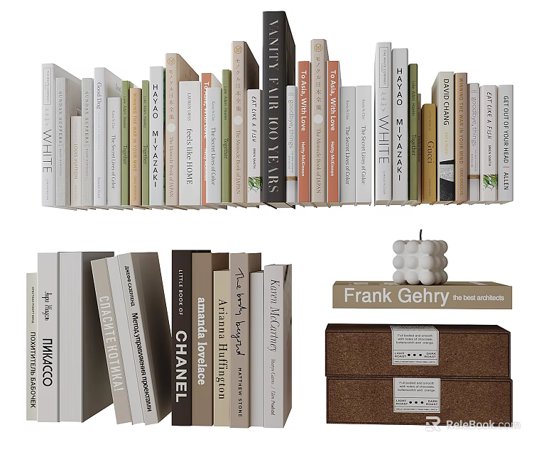 Stylish Books Magazines Arrangement With Colorful Spines And Decorative Storage Boxes 3d model 