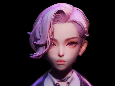 Game Movie Character With Pink Short Hair Purple Eyes And Cool Expression In Black Background 3d model