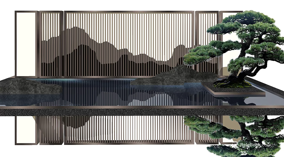 Modern Scenic Wall With Lattice Design Mountain Pattern And Pine Tree Water Reflection 3d model 