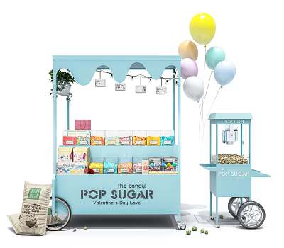 Light Blue Food Cart With Colorful Sweets Popcorn And Balloons 3d model
