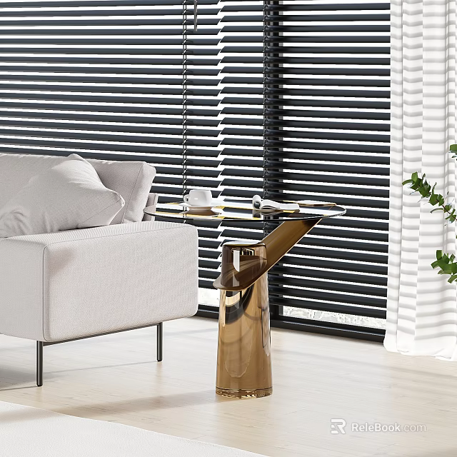 Modern Living Room Side Table With Gold Base And White Sofa Near Black Blinds 3d model 