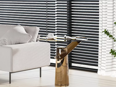 Modern Living Room Side Table With Gold Base And White Sofa Near Black Blinds 3d model