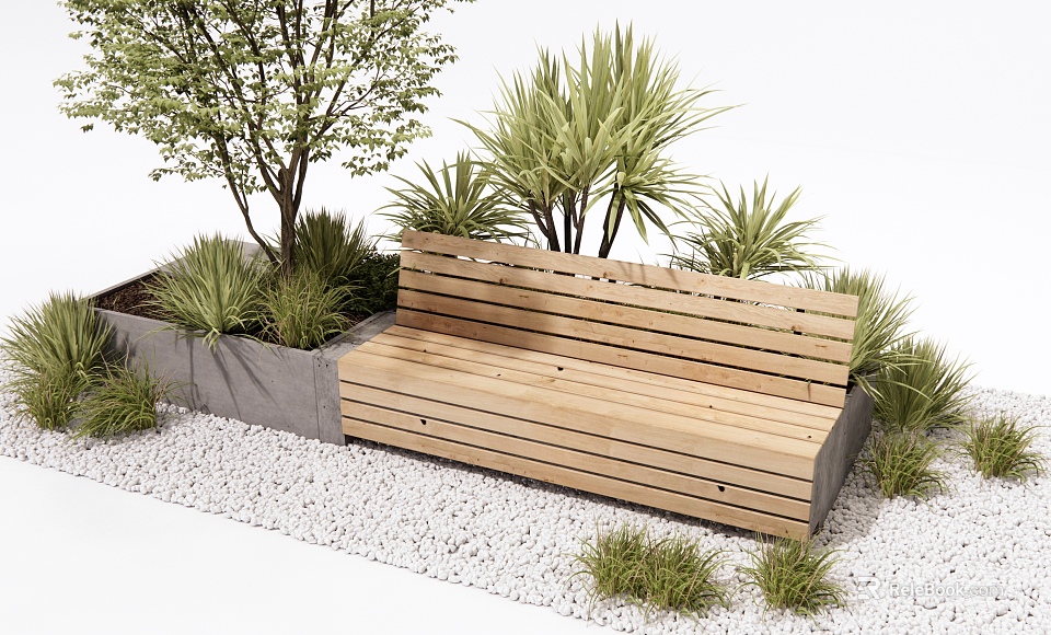 Outdoor Wooden Bench Surrounded by Green Plants Trees and Gravel Ground 3d model 