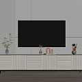 Modern White TV Stand With Flat Screen TV Vase And Decorative Plants