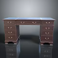 Elegant Dark Brown Wooden Office Desk With Symmetrical Design Metal Handles And Drawers