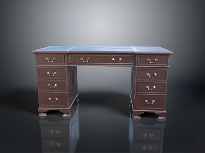 Elegant Dark Brown Wooden Office Desk With Symmetrical Design Metal Handles And Drawers 3d model