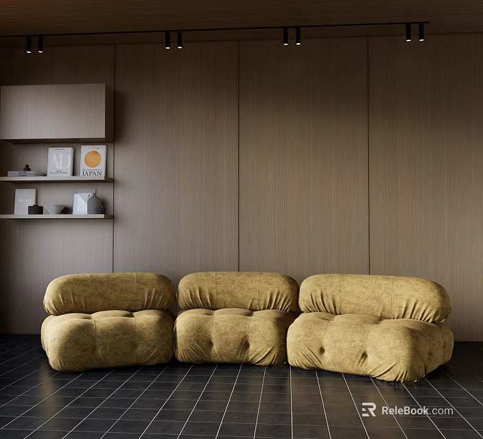 Yellow Velvet Sectional Sofa Against Wooden Wall With Black Tiled Floor And Shelf Decorations 3d model 