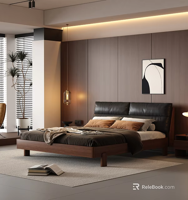 Double Bed in Modern Bedroom with Black Leather Headboard Wooden Frame and Brown White Pillows 3d model 