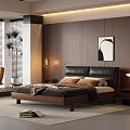 Double Bed in Modern Bedroom with Black Leather Headboard Wooden Frame and Brown White Pillows
