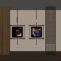 Framed Abstract Paintings Hanging on Light Wall with Red Blue Brown Colors Wooden Grid Decor