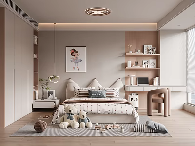 Cozy Kids Bedroom With Plush Toys Decorative Painting And Study Desk 3d model