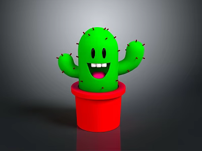 Cute Green Cactus With Smiling Face In Red Pot Cartoon Style Decoration 3d model