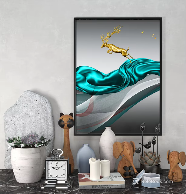 Living Room Decor With Golden Deer Painting Teal Waves Stone Statues Vases And Plants 3d model 