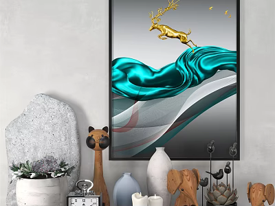 Living Room Decor With Golden Deer Painting Teal Waves Stone Statues Vases And Plants 3d model