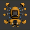 Yellow Robotic Game And Movie Character With Multiple Orange Mechanical Arms Central Screen And Base