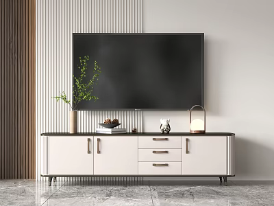 Modern White TV Stand With Green Plant Decorative Items And Lantern Lamp 3d model