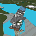 Modern Museum Building With Unique Twisted Glass Facade And Green Hills