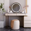 Modern Dressing Table With Round Mirror Potted Plant Stool And Drawers 3d model