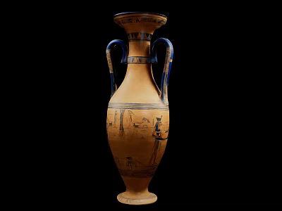 Egyptian Style Decorative Vase Ornament With Blue Handles And Black Patterns 3d model
