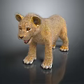 Cute Brown Lion Cub With Fluffy Fur Standing On Black Smooth Surface With Reflection