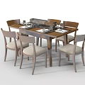 Modern Wooden Dining Table Set With Six Chairs And Tableware Placemats 3d model