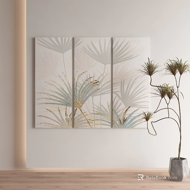Abstract Painting Triptych With Leaf Patterns Gold Blue Tones Light Background Modern Wall Art 3d model