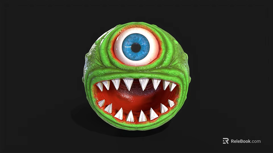 Green Monster Sphere With Single Large Blue Eye Open Mouth And Sharp White Teeth 3d model 