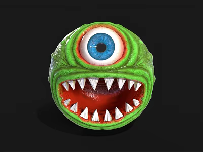 Green Monster Sphere With Single Large Blue Eye Open Mouth And Sharp White Teeth 3d model