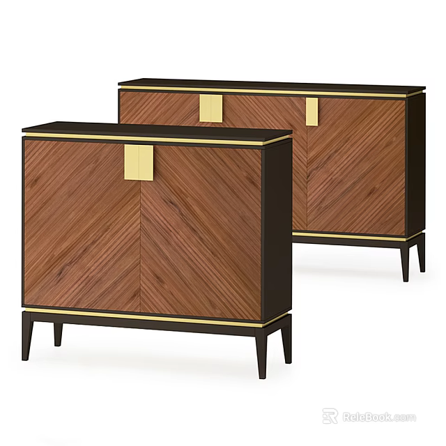 Wooden Entryway Side Cabinet With Herringbone Pattern Golden Accents Black Frame And Tall Legs 3d model 