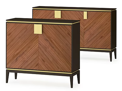 Wooden Entryway Side Cabinet With Herringbone Pattern Golden Accents Black Frame And Tall Legs 3d model