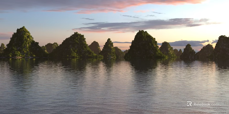 Calm Water Reflecting Distant Green Mountains Under Pink And Blue Sunset Sky With Clouds 3d model 