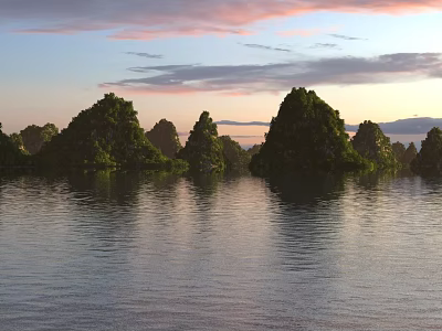 Calm Water Reflecting Distant Green Mountains Under Pink And Blue Sunset Sky With Clouds 3d model