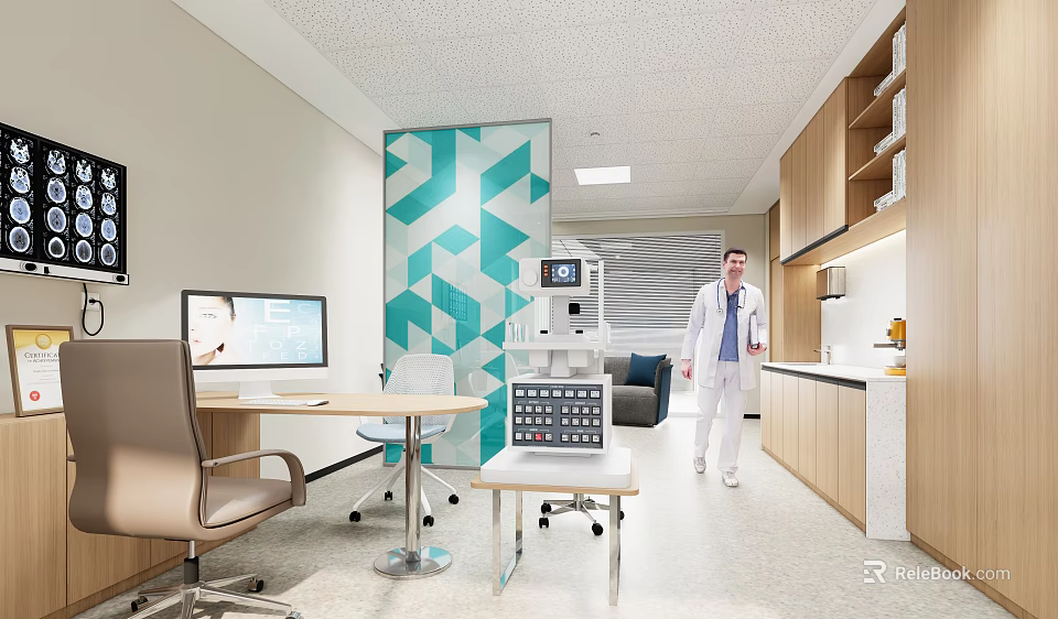 Modern Hospital Outpatient Clinic Interior Design With Medical Equipment And Doctor 3d model 