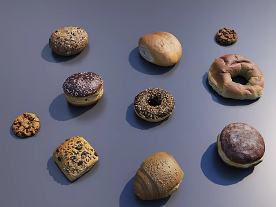 Assorted Bread Desserts Including Donuts Cookies With Sesame Seeds Chocolate Coating On Gray Background 3d model