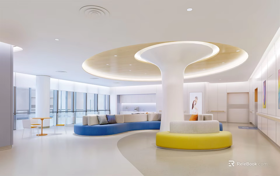 Modern Hospital Outpatient Clinic Interior Design With Bright Space Comfortable Sofas And Circular Column Lighting 3d model 