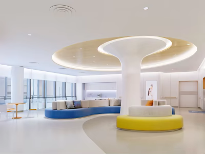 Modern Hospital Outpatient Clinic Interior Design With Bright Space Comfortable Sofas And Circular Column Lighting 3d model