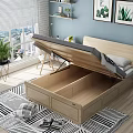 Wooden Double Bed with Light Blue Walls Window Blinds City View and Green Plant Art