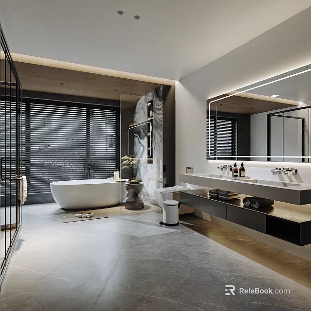 Modern Bathroom Interior With Freestanding Bathtub Double Sinks Large Mirror And Sliding Blinds 3d model 