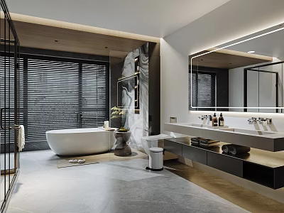 Modern Bathroom Interior With Freestanding Bathtub Double Sinks Large Mirror And Sliding Blinds 3d model