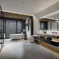 Modern Bathroom Interior With Freestanding Bathtub Double Sinks Large Mirror And Sliding Blinds