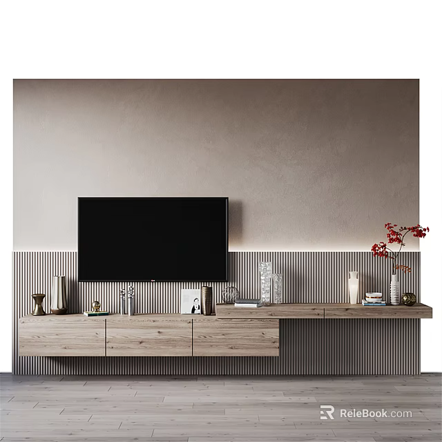 Minimalist TV Background Wall With Black TV Wooden Stand And Decorative Items 3d model 