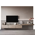 Minimalist TV Background Wall With Black TV Wooden Stand And Decorative Items