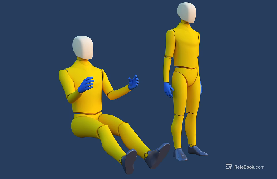 Yellow Male Mannequin in Sitting and Standing Poses with Blue Gloves 3d model 