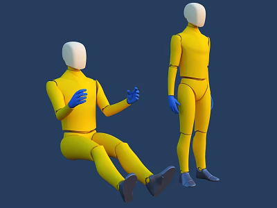 Yellow Male Mannequin in Sitting and Standing Poses with Blue Gloves 3d model