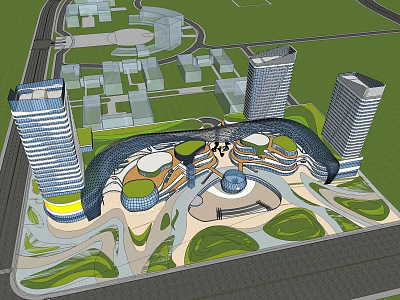 Modern Commercial Complex Featuring Curved Structures Tall Buildings And Green Landscapes 3d model